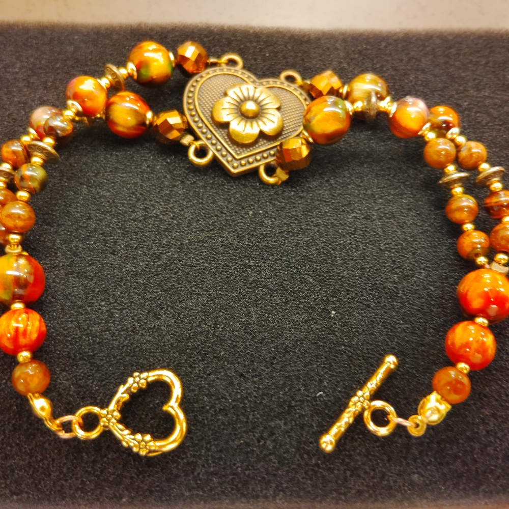 Gold and Brown Beaded Heart Bracelet